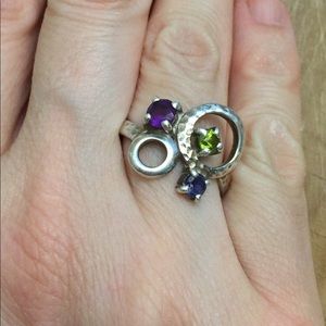 Peridot and amethyst unique 925 sterling silver ring
